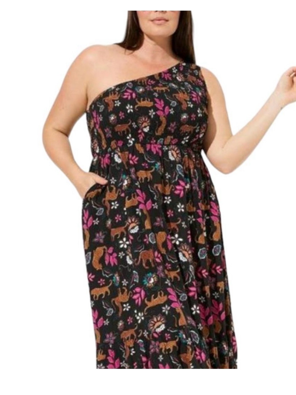 TORRID Midi Challis One Shoulder Tiered Dress With Jungle Leopard Leaves Print